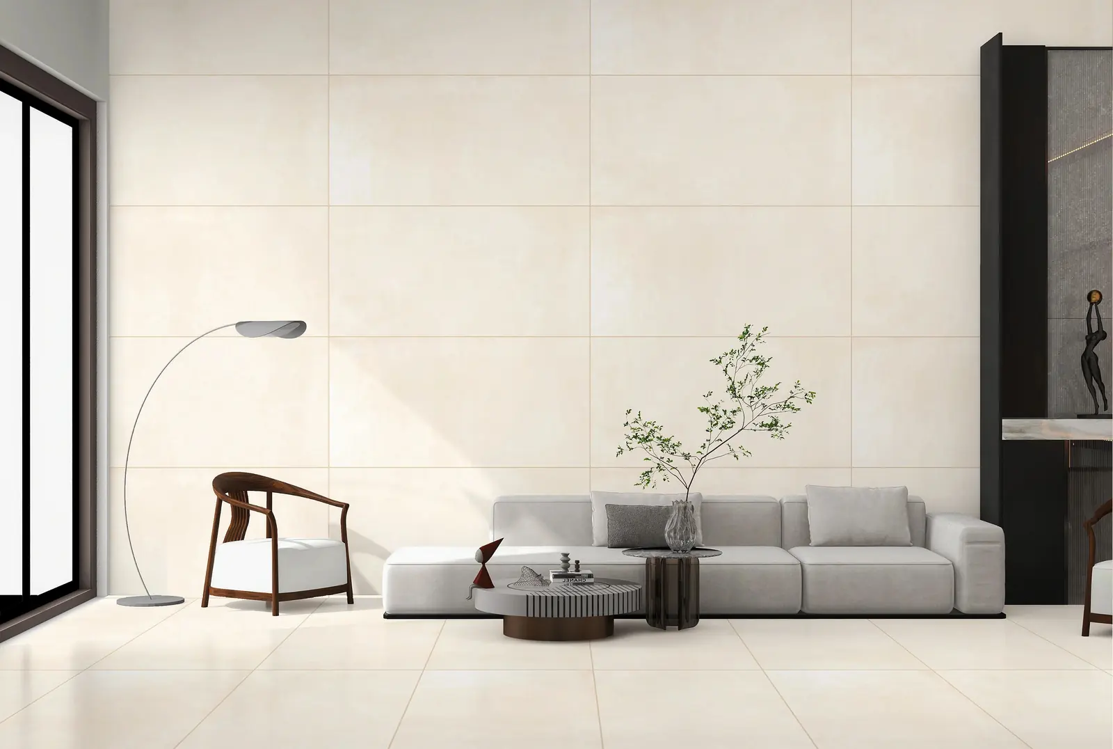Living room with warm beige Matt 6036 tiles on the wall and floor