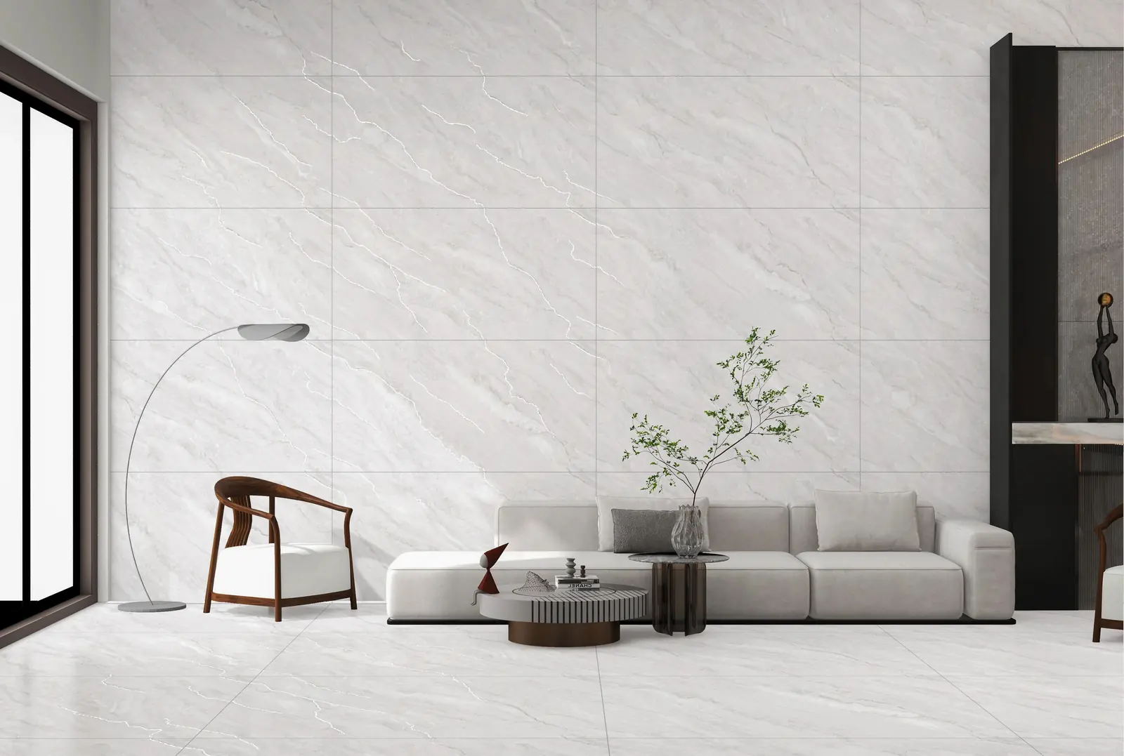 The same living room with grey stone-look Velvet 429 tiles