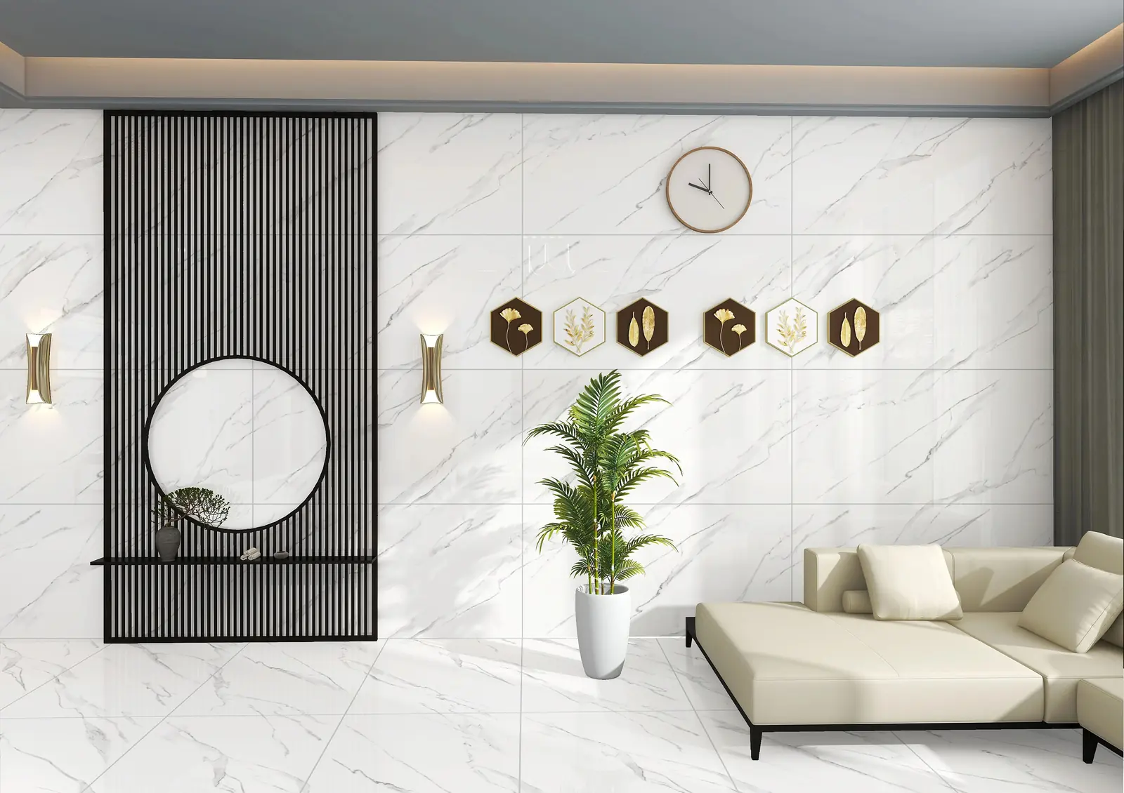 Lounge with white marble-look walls, a black slatted screen with a round mirror and a cream sofa