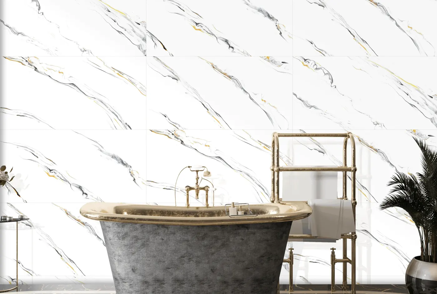 Bathroom with a white marble-look wall behind a freestanding bathtub