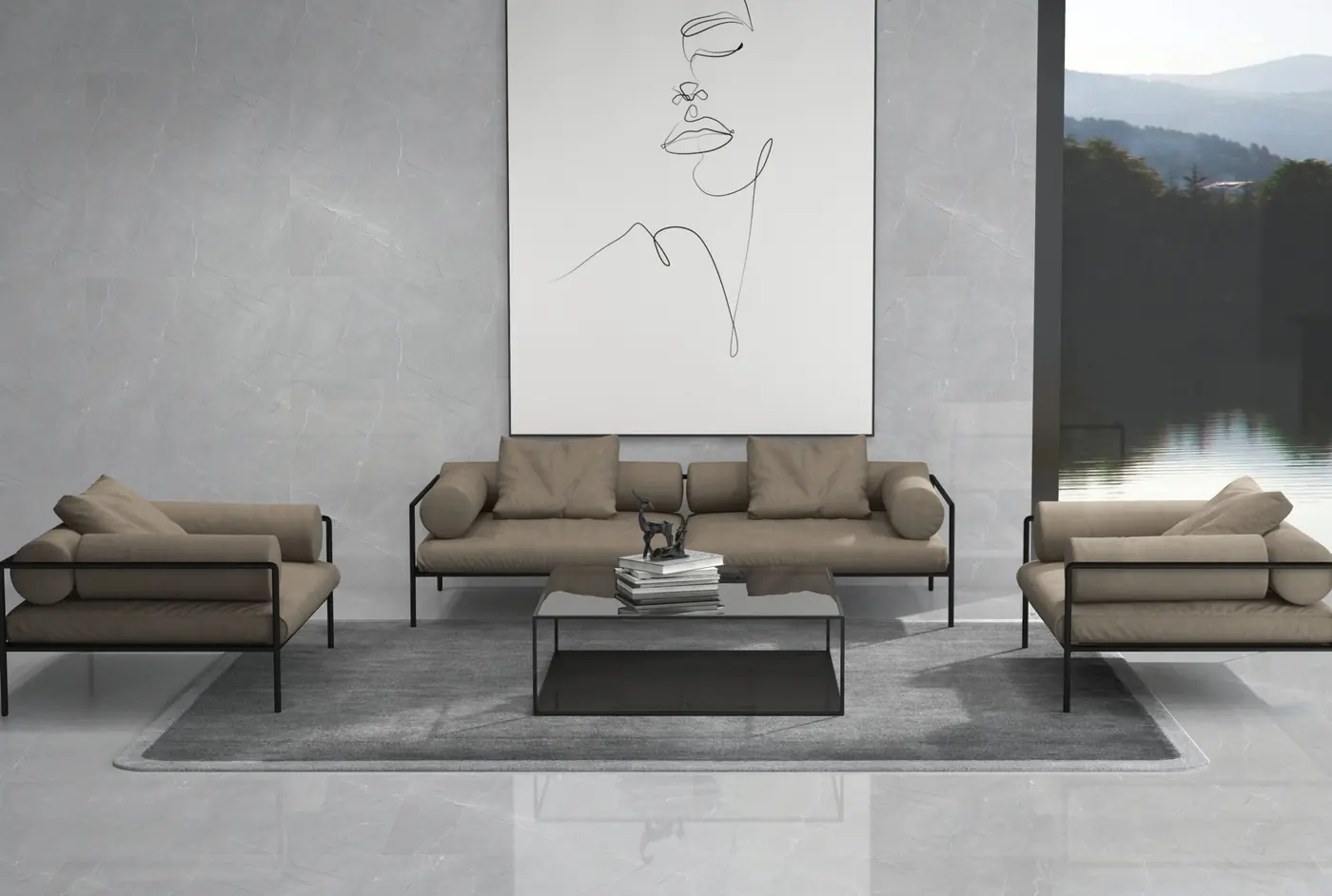 Living room with a grey marble-look feature wall, lounge seating and a lake view