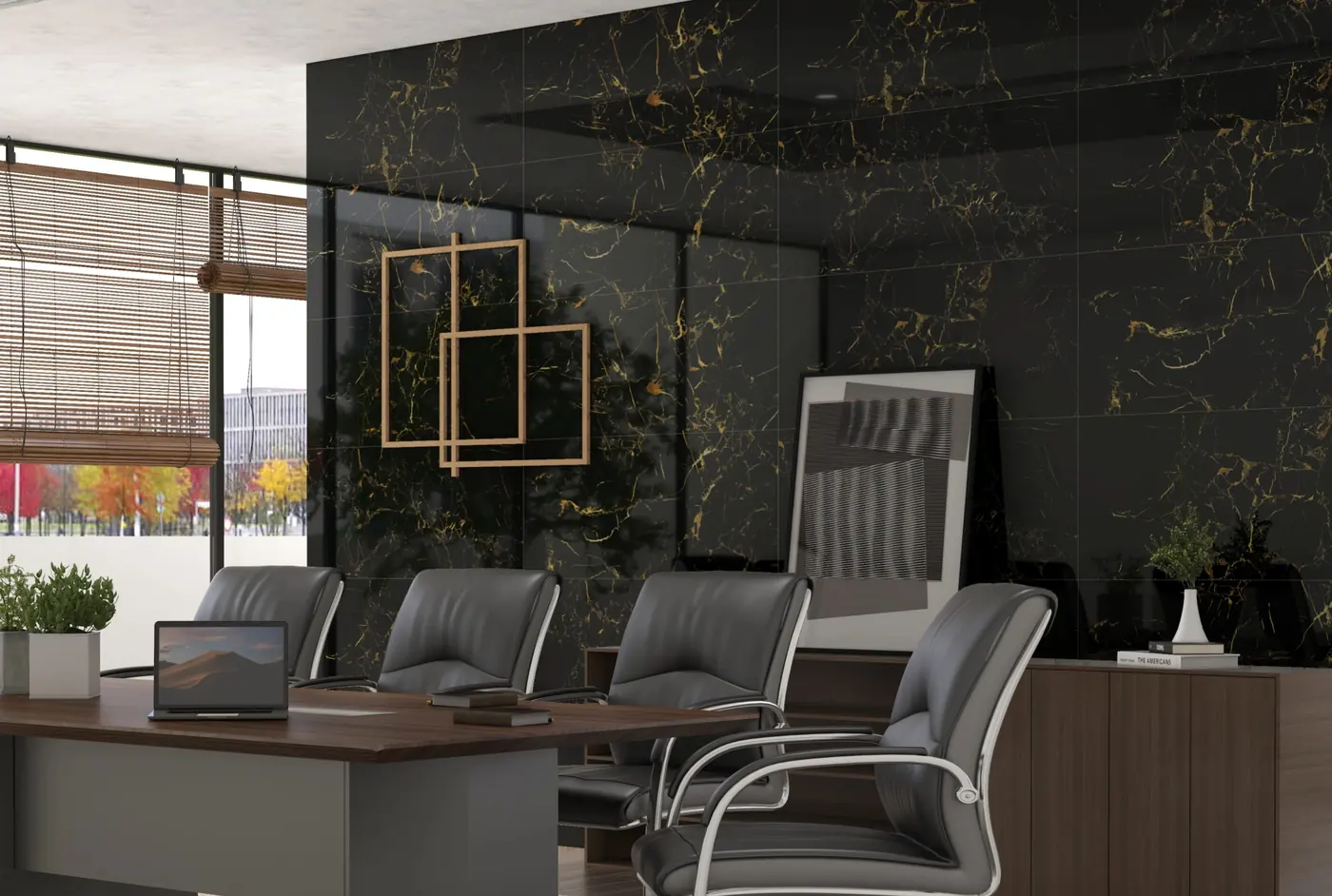 Office with a black and gold marble-look feature wall