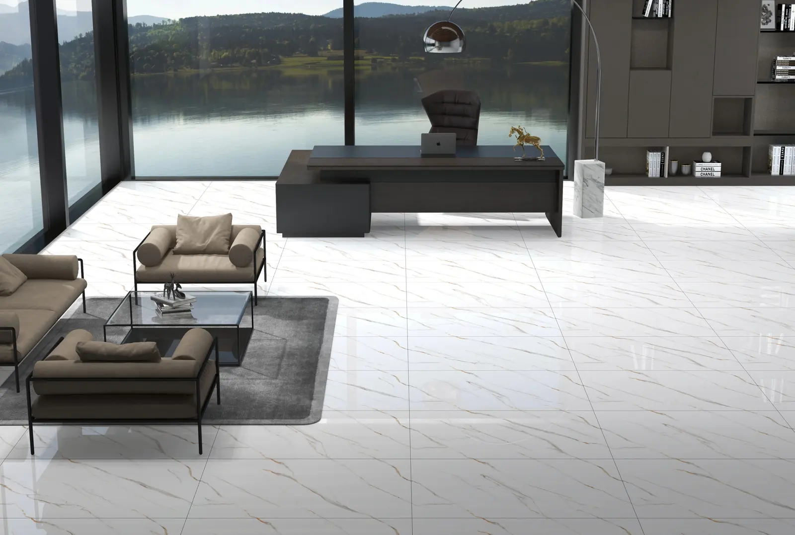 Office lounge with white marble-look floor tiles and a lake view through full-height windows